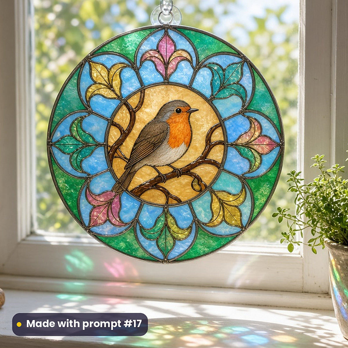 Stylised Birds stained glass prompt pack: UV-printed acrylic suncatcher in a window mockup, made with prompt #17