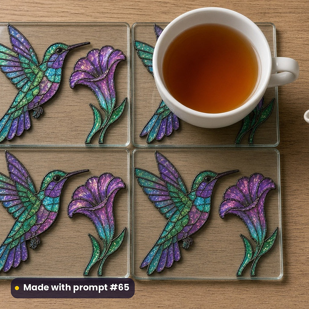 Stylised Birds stained glass prompt pack: set of UV-printed glass coasters mockup, made with prompt #65