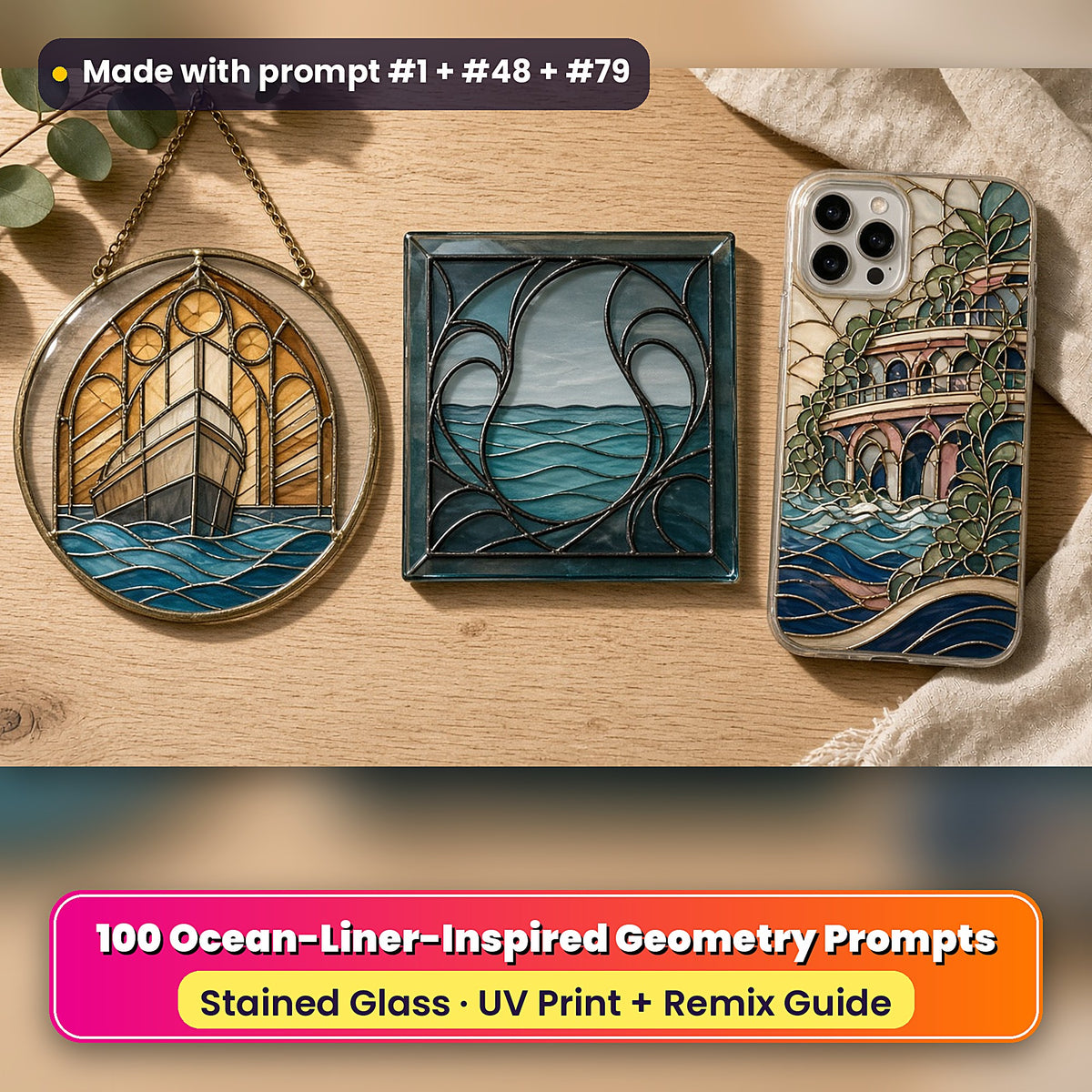 Ocean-Liner-Inspired Geometry stained glass prompt pack: UV-printed suncatcher, coaster and phone case set mockup, made with prompt #1 + #48 + #79