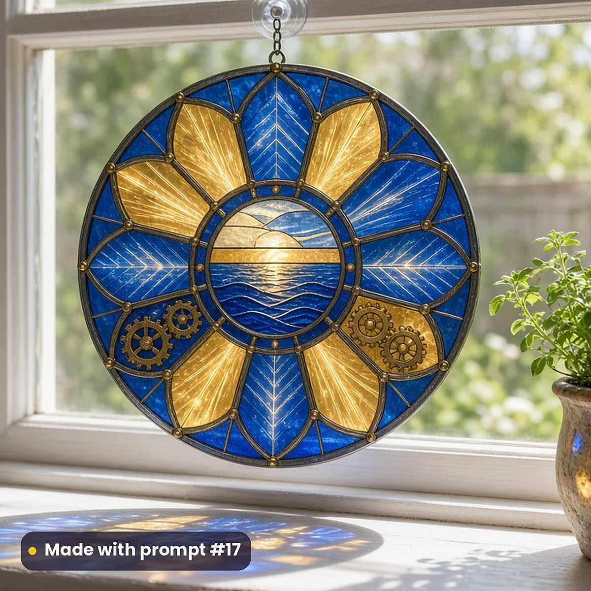Ocean-Liner-Inspired Geometry stained glass prompt pack: UV-printed acrylic suncatcher in a window mockup, made with prompt #17