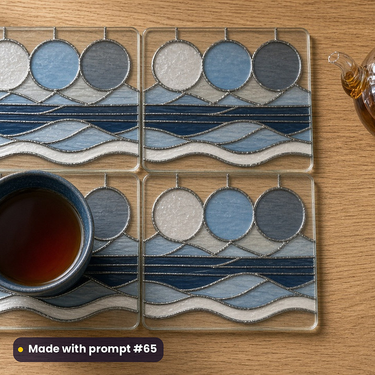 Ocean-Liner-Inspired Geometry stained glass prompt pack: set of UV-printed glass coasters mockup, made with prompt #65