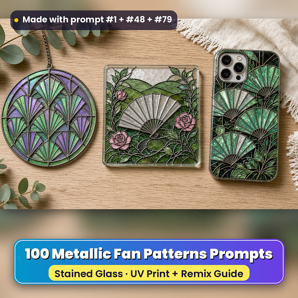 Metallic Fan Patterns stained glass prompt pack: UV-printed suncatcher, coaster and phone case set mockup, made with prompt #1 + #48 + #79