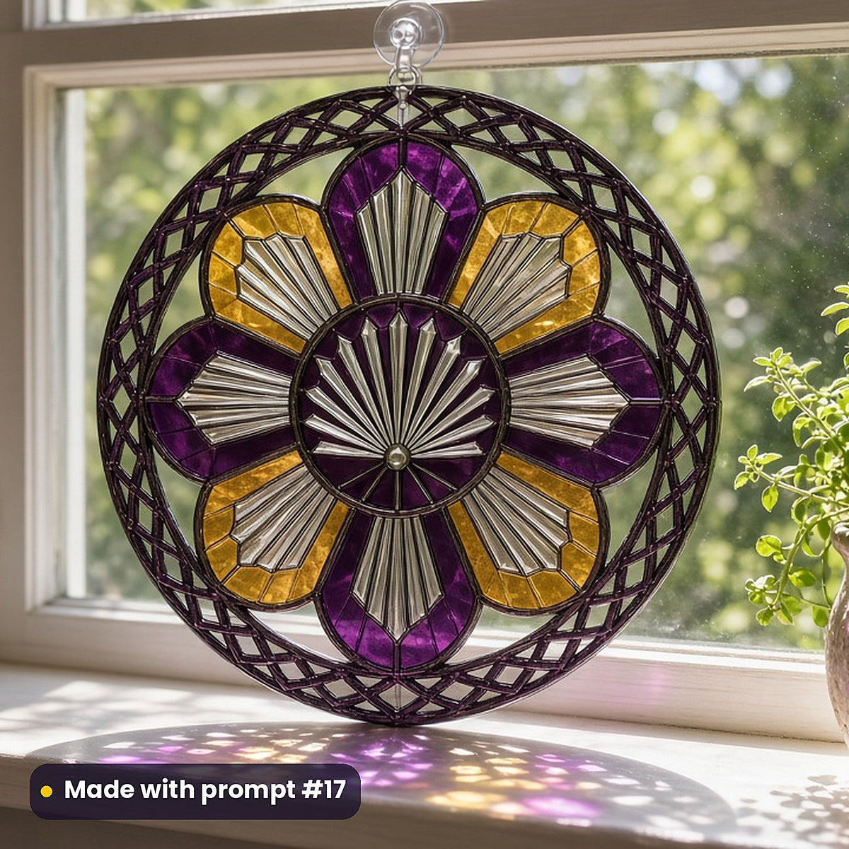 Metallic Fan Patterns stained glass prompt pack: UV-printed acrylic suncatcher in a window mockup, made with prompt #17
