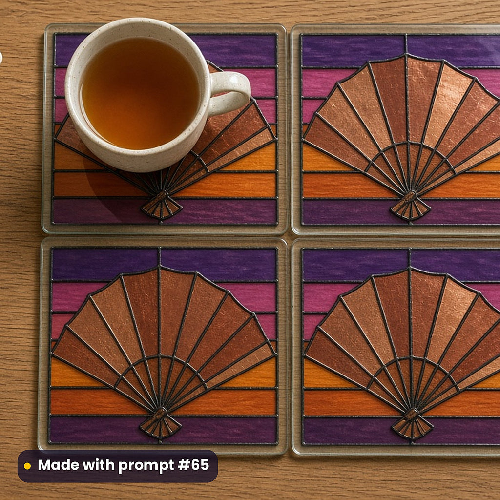 Metallic Fan Patterns stained glass prompt pack: set of UV-printed glass coasters mockup, made with prompt #65