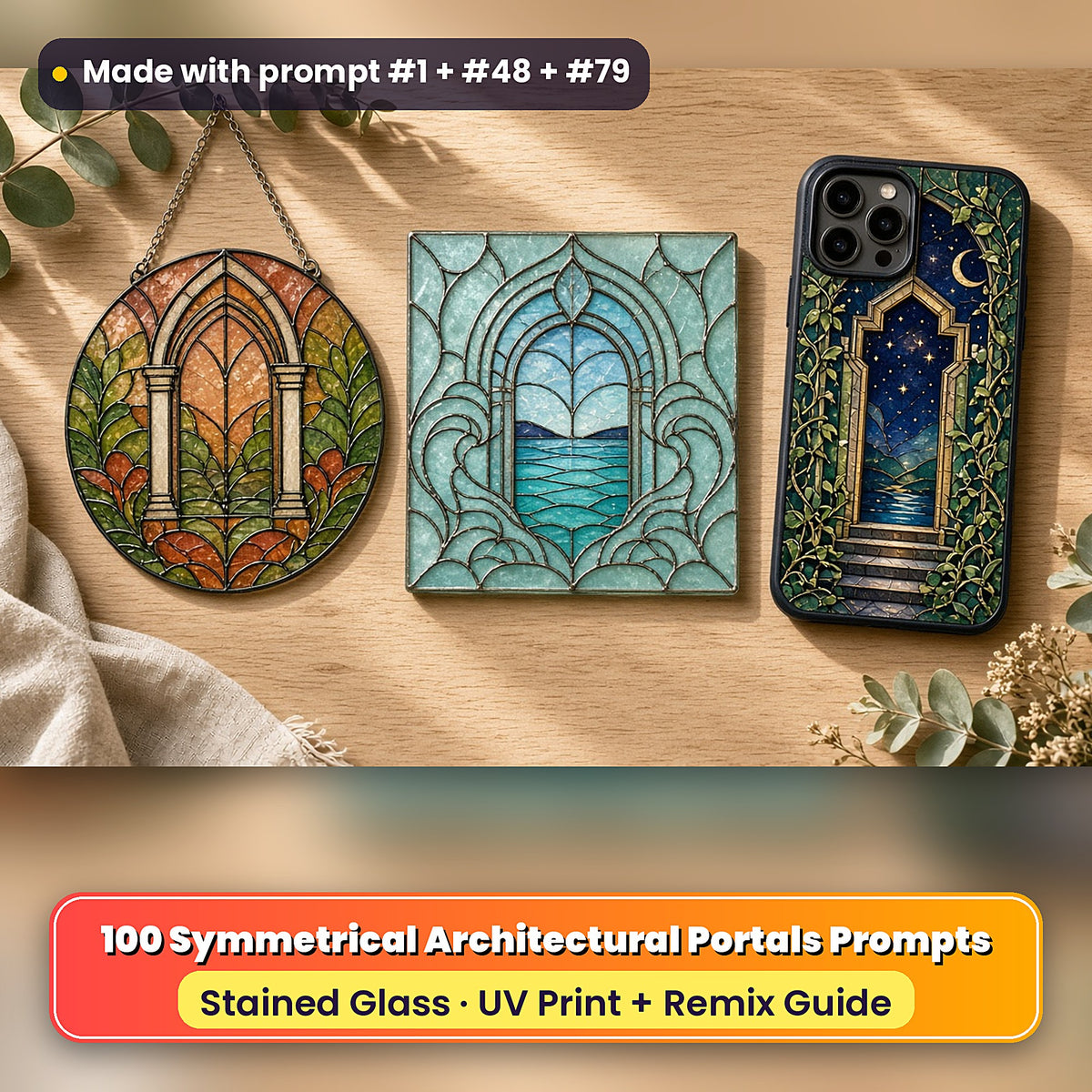 Symmetrical Architectural Portals stained glass prompt pack: UV-printed suncatcher, coaster and phone case set mockup, made with prompt #1 + #48 + #79