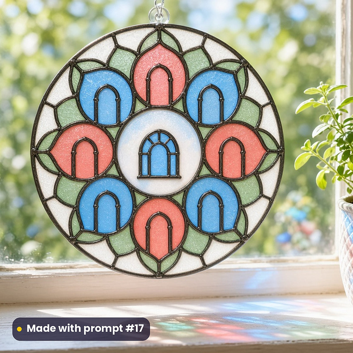 Symmetrical Architectural Portals stained glass prompt pack: UV-printed acrylic suncatcher in a window mockup, made with prompt #17