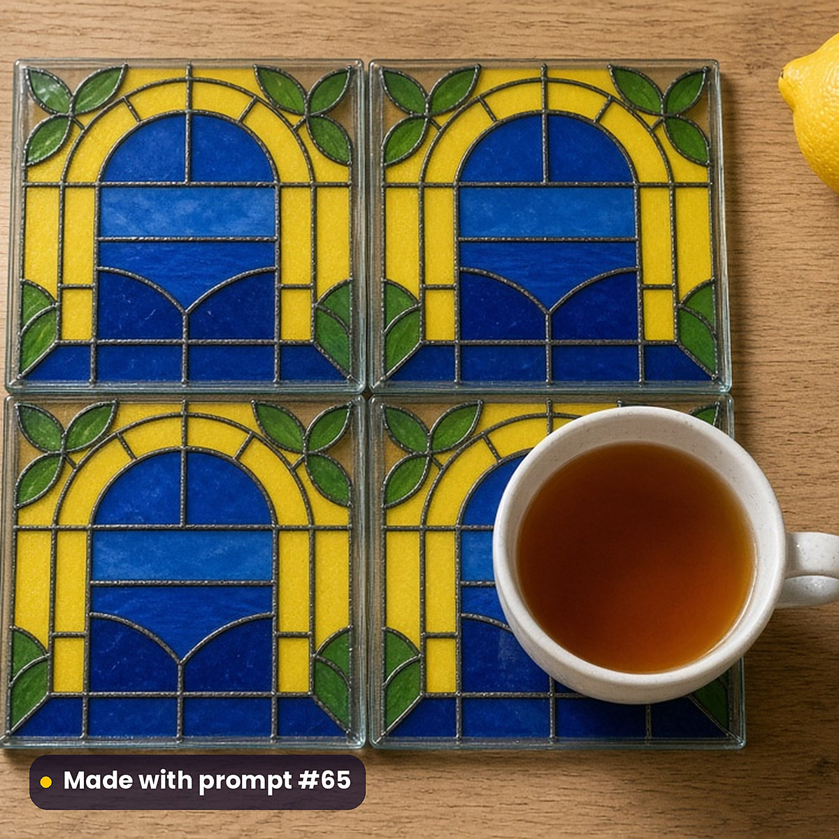 Symmetrical Architectural Portals stained glass prompt pack: set of UV-printed glass coasters mockup, made with prompt #65
