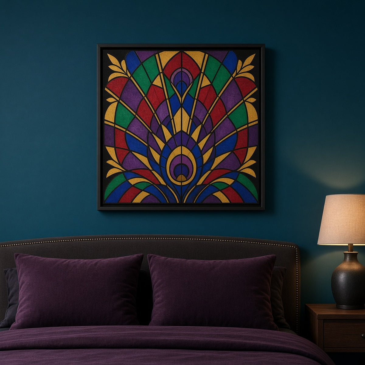 Art Deco stained-glass peacock-feather fan in emerald, sapphire, ruby and amethyst with ochre outlines on black shown as a flat framed print above a bed, made with prompt #9
