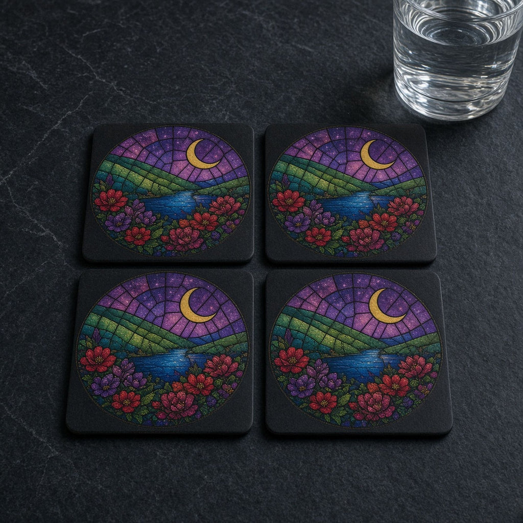 Rose-window stained-glass night garden of red and violet flowers by a blue lake under a purple sky and ochre crescent moon printed flat on a set of four coasters, made with prompt #47