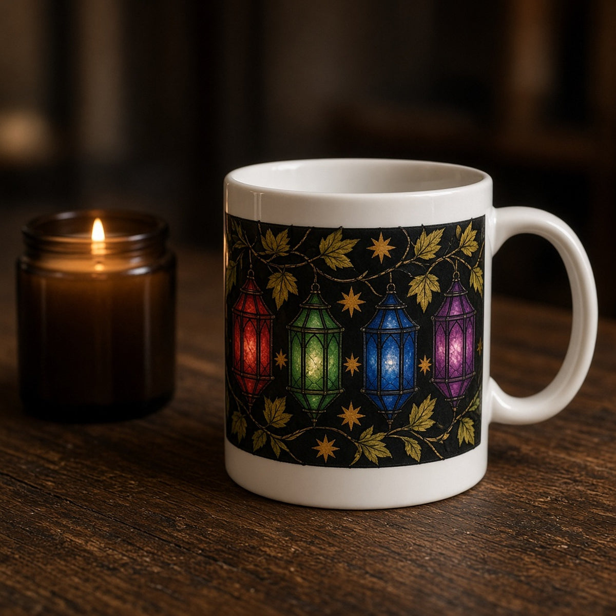 Arts and Crafts stained-glass ruby, emerald, sapphire and amethyst lanterns among vines and ochre stars on black printed flat on a mug, made with prompt #84