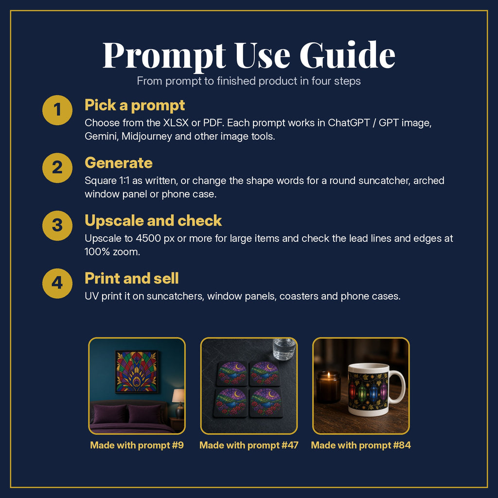 Prompt Use Guide for the Black, Gold and Jewel-Tone Compositions Stained Glass Prompt Pack: pick a prompt, generate, upscale and check, print and sell, with sample products made with the pack's prompts