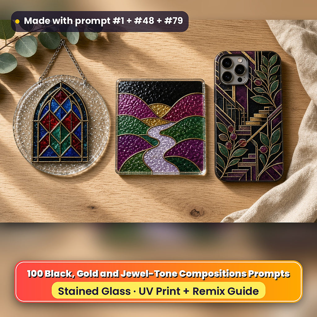 Black, Gold and Jewel-Tone Compositions stained glass prompt pack: UV-printed suncatcher, coaster and phone case set mockup, made with prompt #1 + #48 + #79
