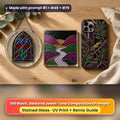 Black, Gold and Jewel-Tone Compositions stained glass prompt pack: UV-printed suncatcher, coaster and phone case set mockup, made with prompt #1 + #48 + #79