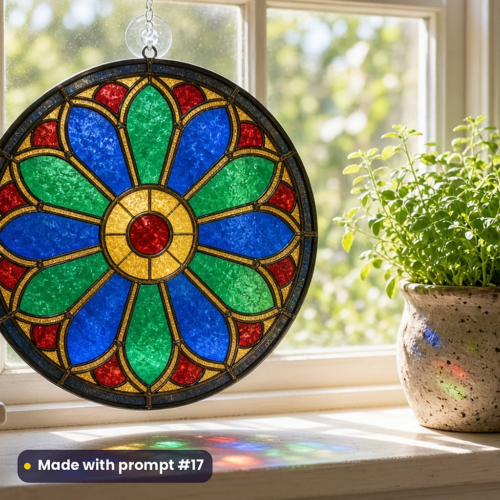 Black, Gold and Jewel-Tone Compositions stained glass prompt pack: UV-printed acrylic suncatcher in a window mockup, made with prompt #17