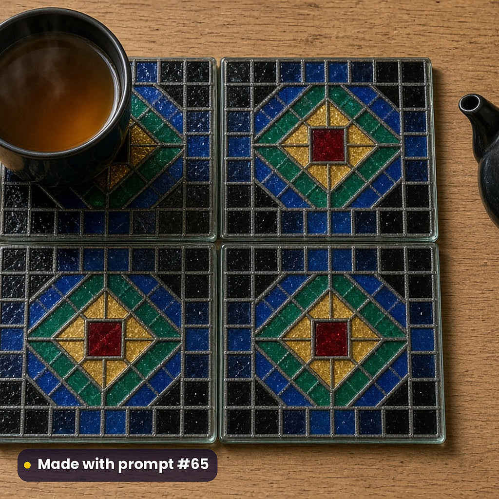 Black, Gold and Jewel-Tone Compositions stained glass prompt pack: set of UV-printed glass coasters mockup, made with prompt #65