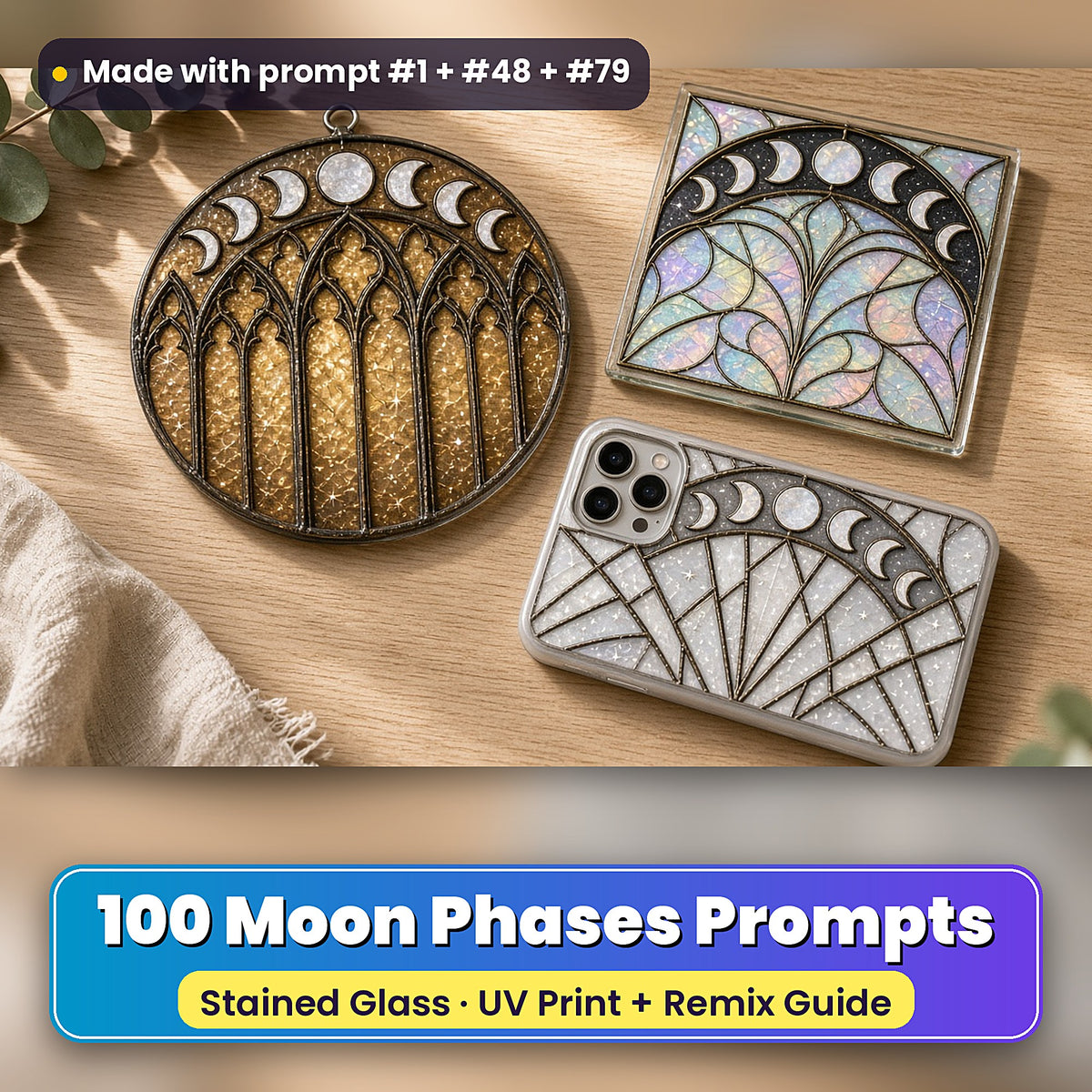 Moon Phases stained glass prompt pack: UV-printed suncatcher, coaster and phone case set mockup, made with prompt #1 + #48 + #79