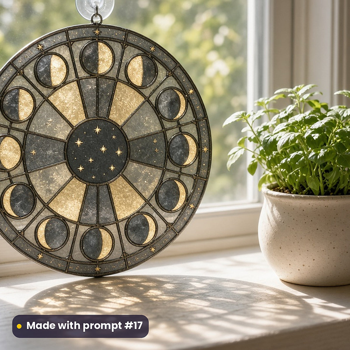 Moon Phases stained glass prompt pack: UV-printed acrylic suncatcher in a window mockup, made with prompt #17