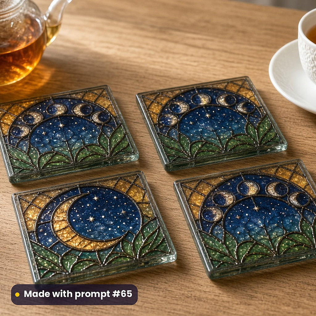 Moon Phases stained glass prompt pack: set of UV-printed glass coasters mockup, made with prompt #65
