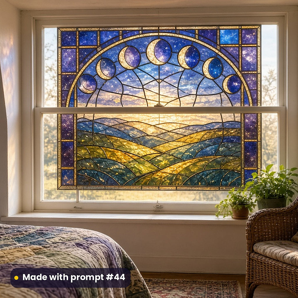 Moon Phases stained glass prompt pack: faux stained glass window panel mockup, made with prompt #44