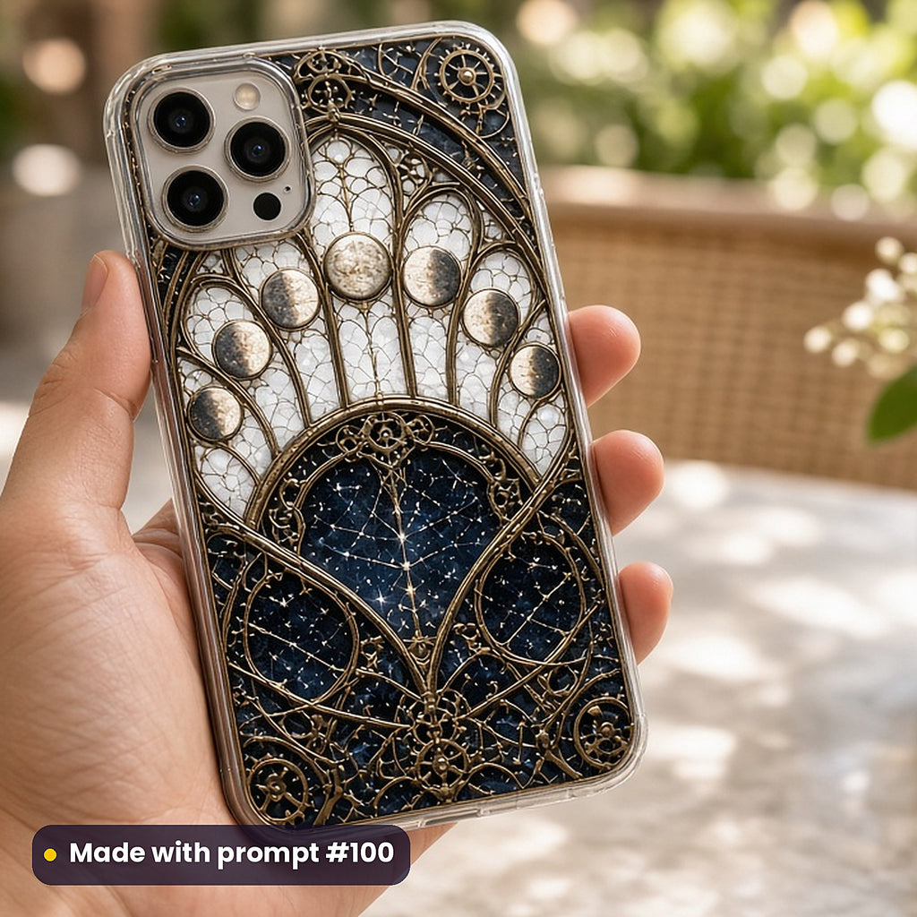 Moon Phases stained glass prompt pack: UV-printed phone case mockup, made with prompt #100