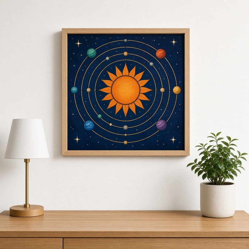Art Deco stained-glass solar system with a radiant orange sun and coloured planets on orbit rings in a starry navy sky shown as a flat framed print above a sideboard, made with prompt #9
