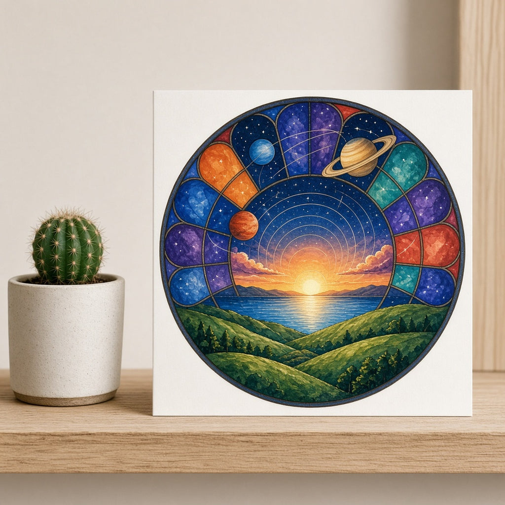 Rose-window stained-glass ringed planets and orbit arcs above a sunset over a lake and green hills printed flat on a greeting card, made with prompt #47