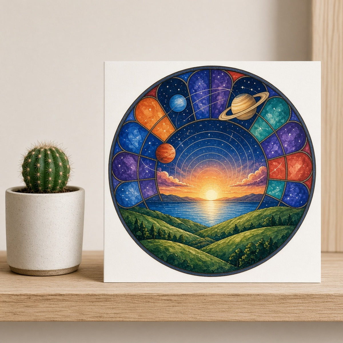 Rose-window stained-glass ringed planets and orbit arcs above a sunset over a lake and green hills printed flat on a greeting card, made with prompt #47