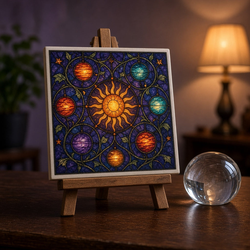 Arts and Crafts stained-glass planets hung like glowing lanterns on curling vines around a central sun on indigo printed flat on a ceramic tile, made with prompt #84