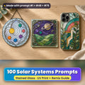 Solar Systems stained glass prompt pack: UV-printed suncatcher, coaster and phone case set mockup, made with prompt #1 + #48 + #79