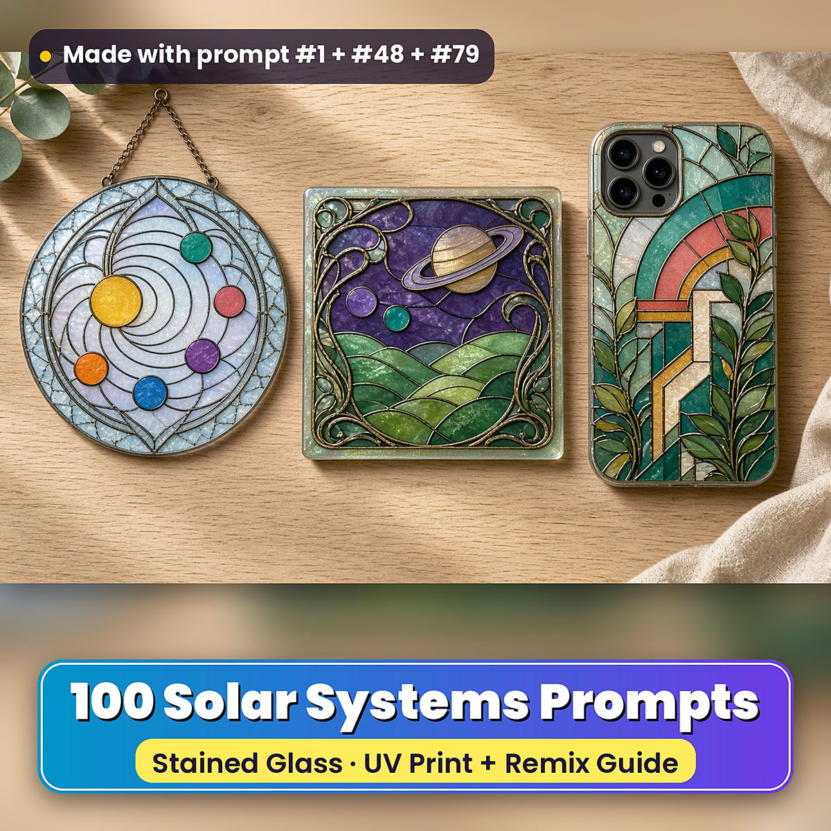 Solar Systems stained glass prompt pack: UV-printed suncatcher, coaster and phone case set mockup, made with prompt #1 + #48 + #79