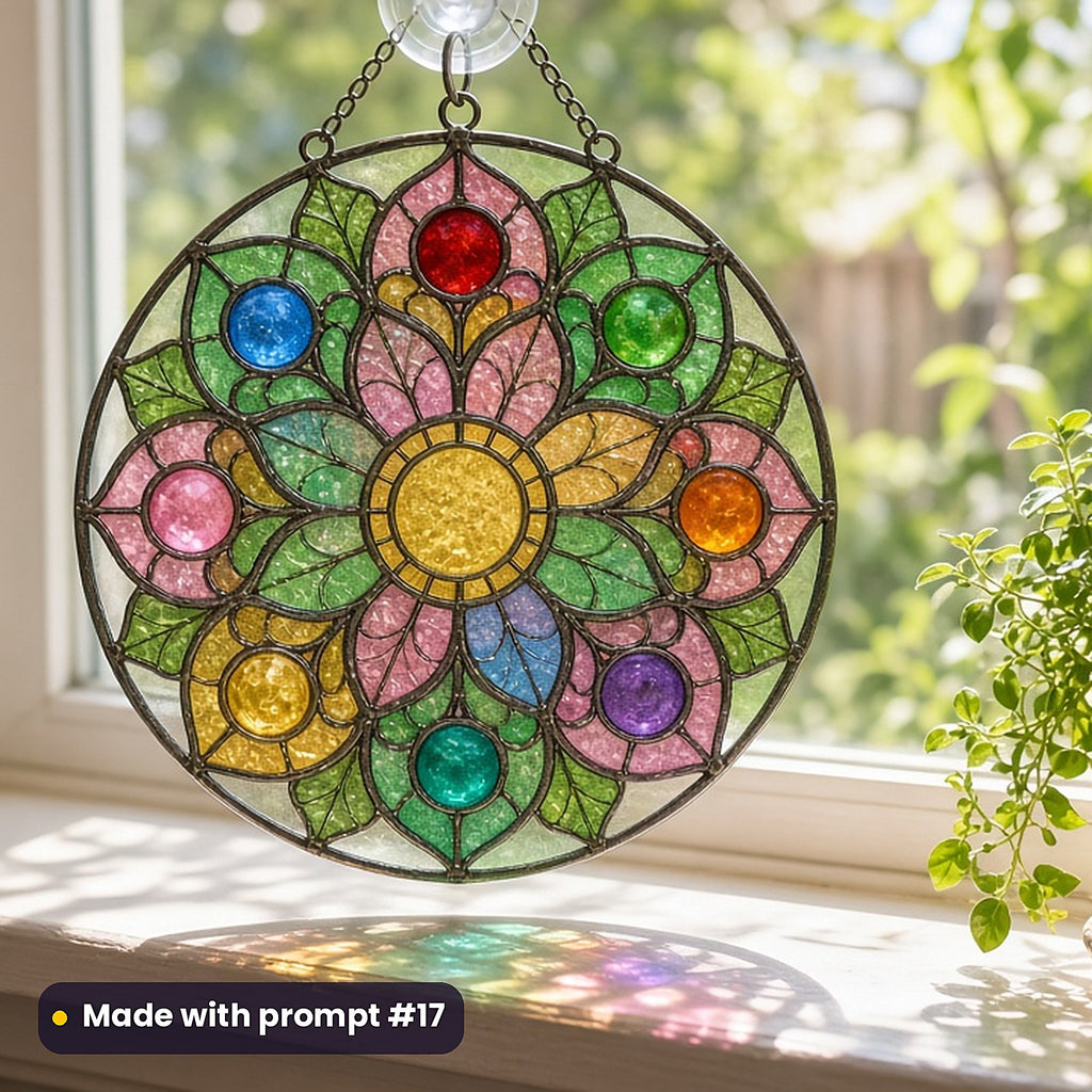 Solar Systems stained glass prompt pack: UV-printed acrylic suncatcher in a window mockup, made with prompt #17