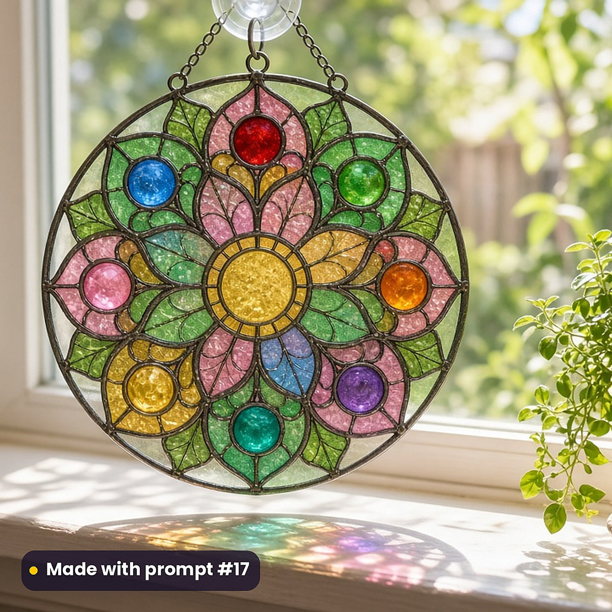 Solar Systems stained glass prompt pack: UV-printed acrylic suncatcher in a window mockup, made with prompt #17