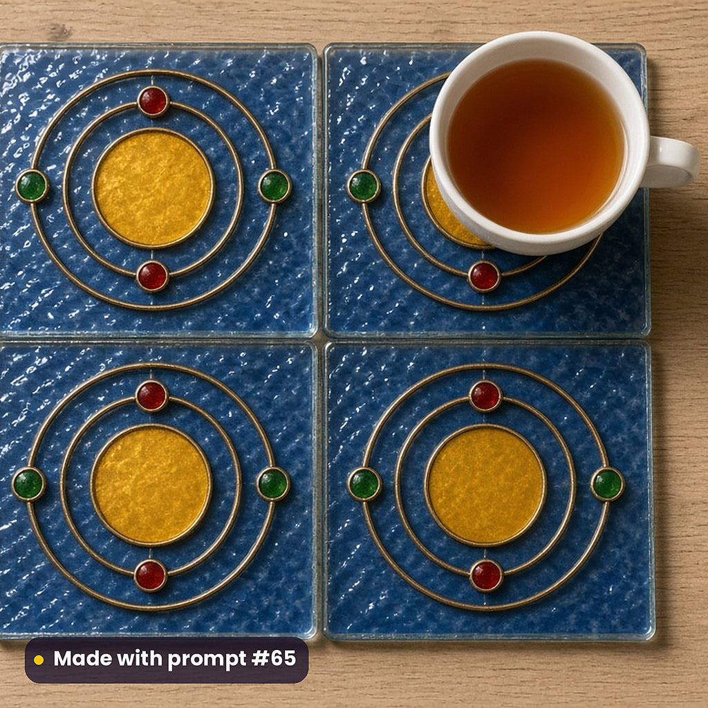Solar Systems stained glass prompt pack: set of UV-printed glass coasters mockup, made with prompt #65