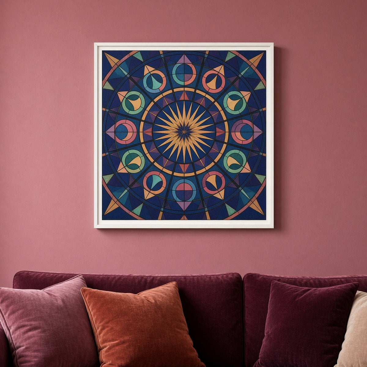 Art Deco stained-glass geometric medallion of a central radiant star ringed by twelve crescent-and-circle segments in blue, teal, coral and ochre shown as a flat framed print above a sofa, made with prompt #9