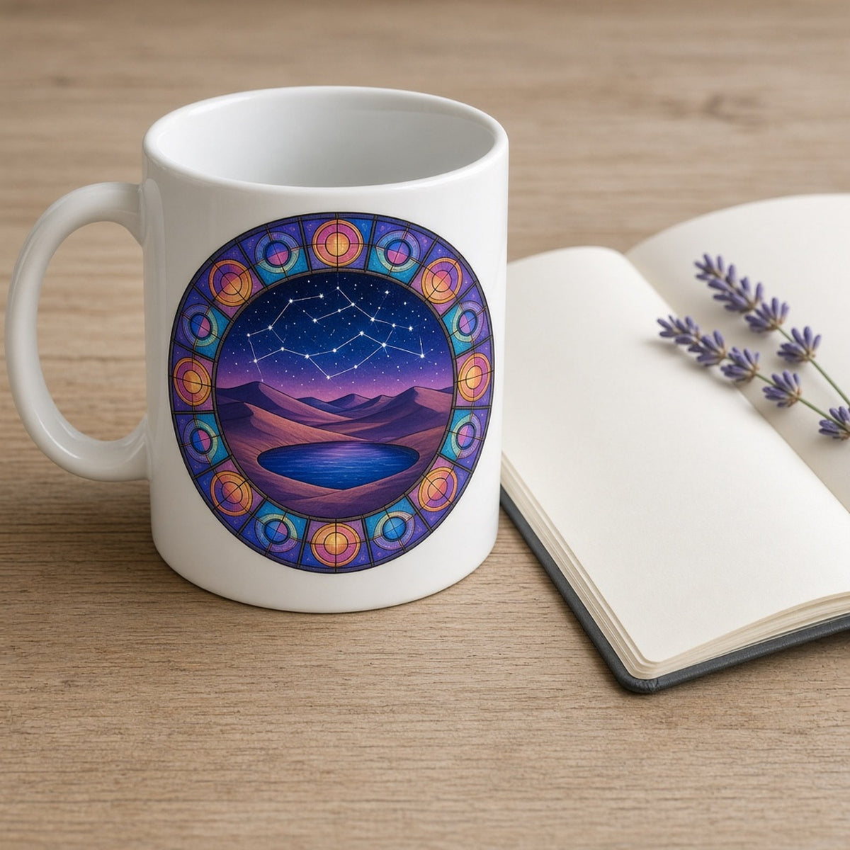 Rose-window stained-glass desert dunes and an oasis pool under joined constellation stars inside a ring of geometric circle segments printed flat on a mug, made with prompt #47