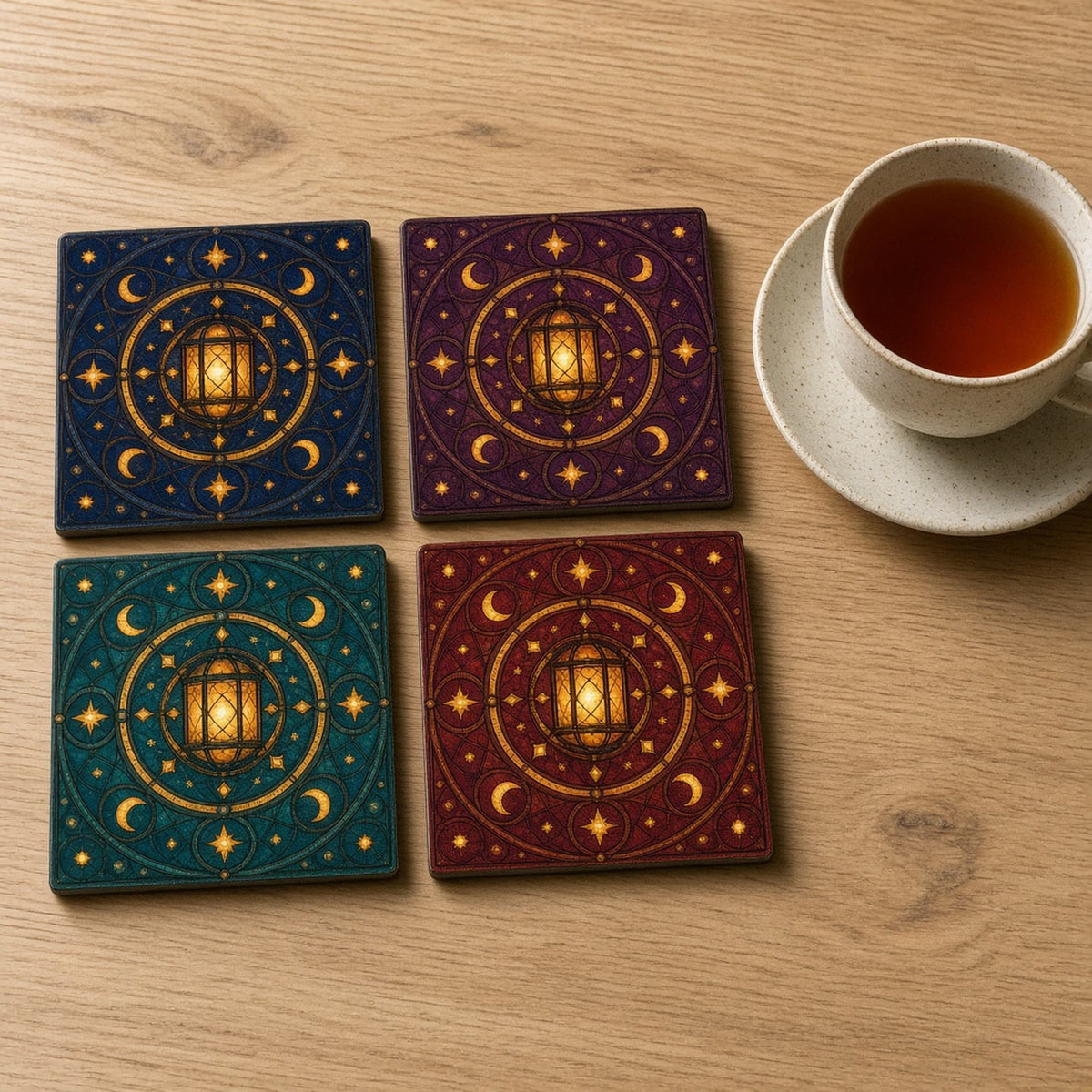 Arts and Crafts stained-glass geometric medallions with a glowing central lantern ringed by crescents and stars in blue, plum, teal and crimson printed flat on a set of four coasters, made with prompt #84
