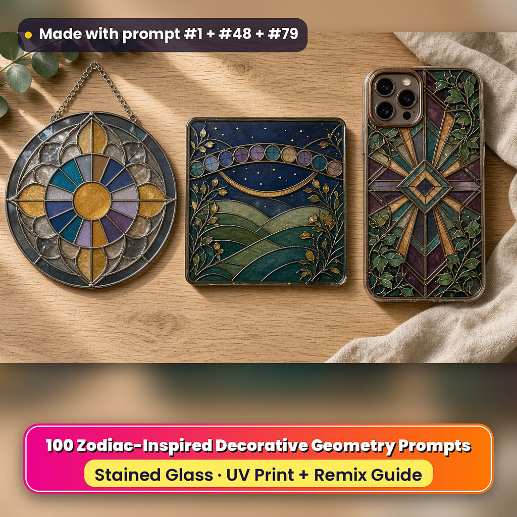 Zodiac-Inspired Decorative Geometry stained glass prompt pack: UV-printed suncatcher, coaster and phone case set mockup, made with prompt #1 + #48 + #79