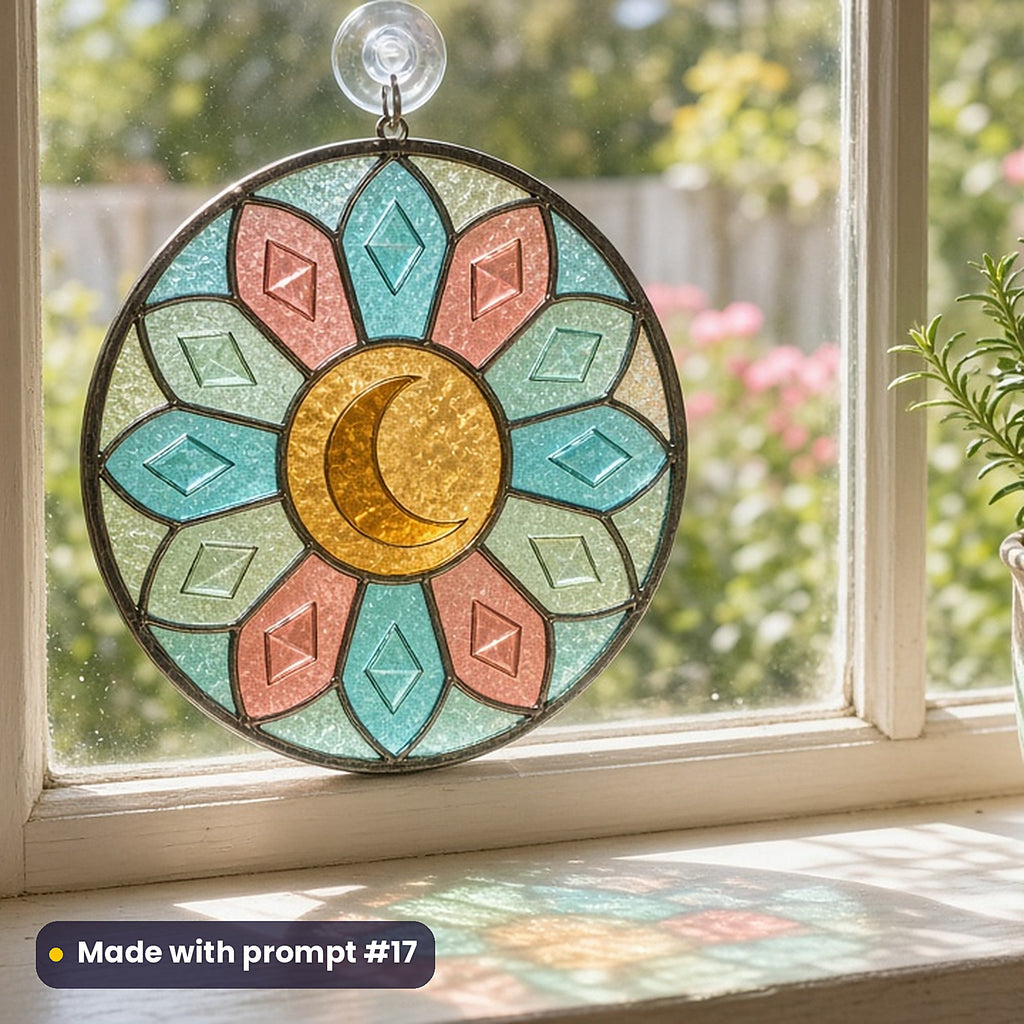 Zodiac-Inspired Decorative Geometry stained glass prompt pack: UV-printed acrylic suncatcher in a window mockup, made with prompt #17