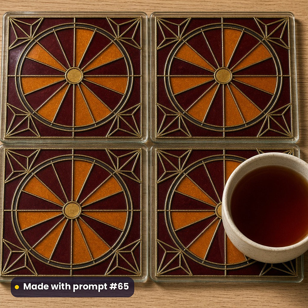Zodiac-Inspired Decorative Geometry stained glass prompt pack: set of UV-printed glass coasters mockup, made with prompt #65