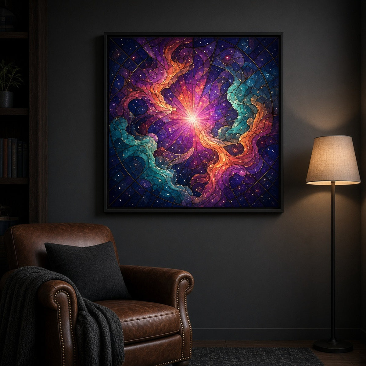 Art Deco stained-glass swirling magenta, violet, turquoise and orange nebula with a radiant centre and stars shown as a flat framed print in a reading nook, made with prompt #9