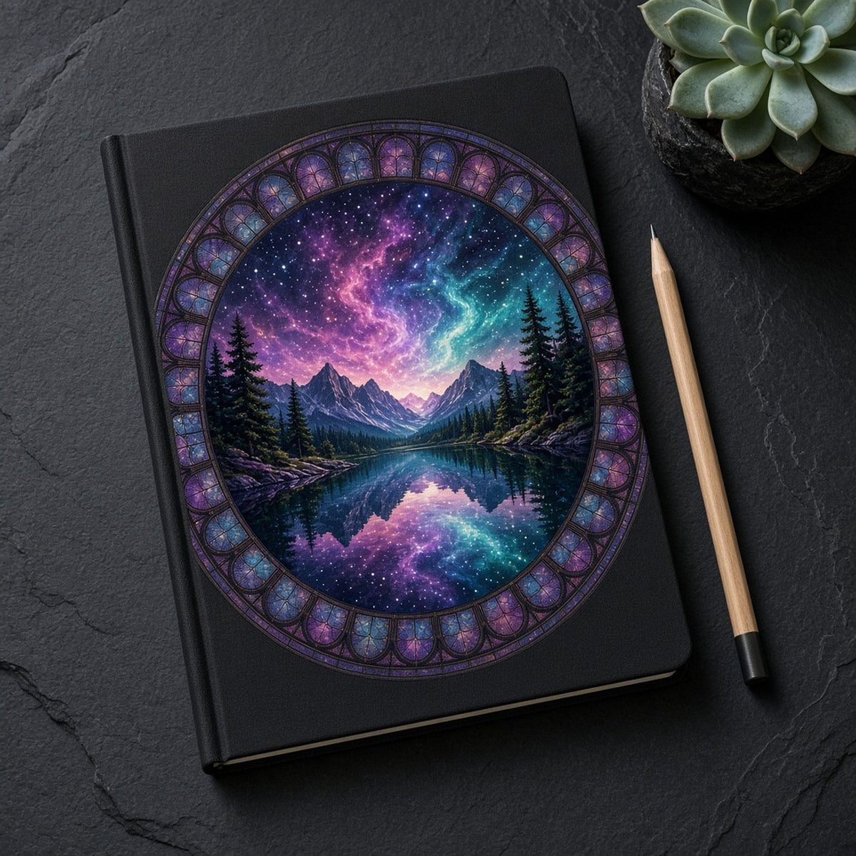 Rose-window stained-glass mountain lake reflecting a purple and turquoise nebula sky between pine trees printed flat on a notebook cover, made with prompt #47