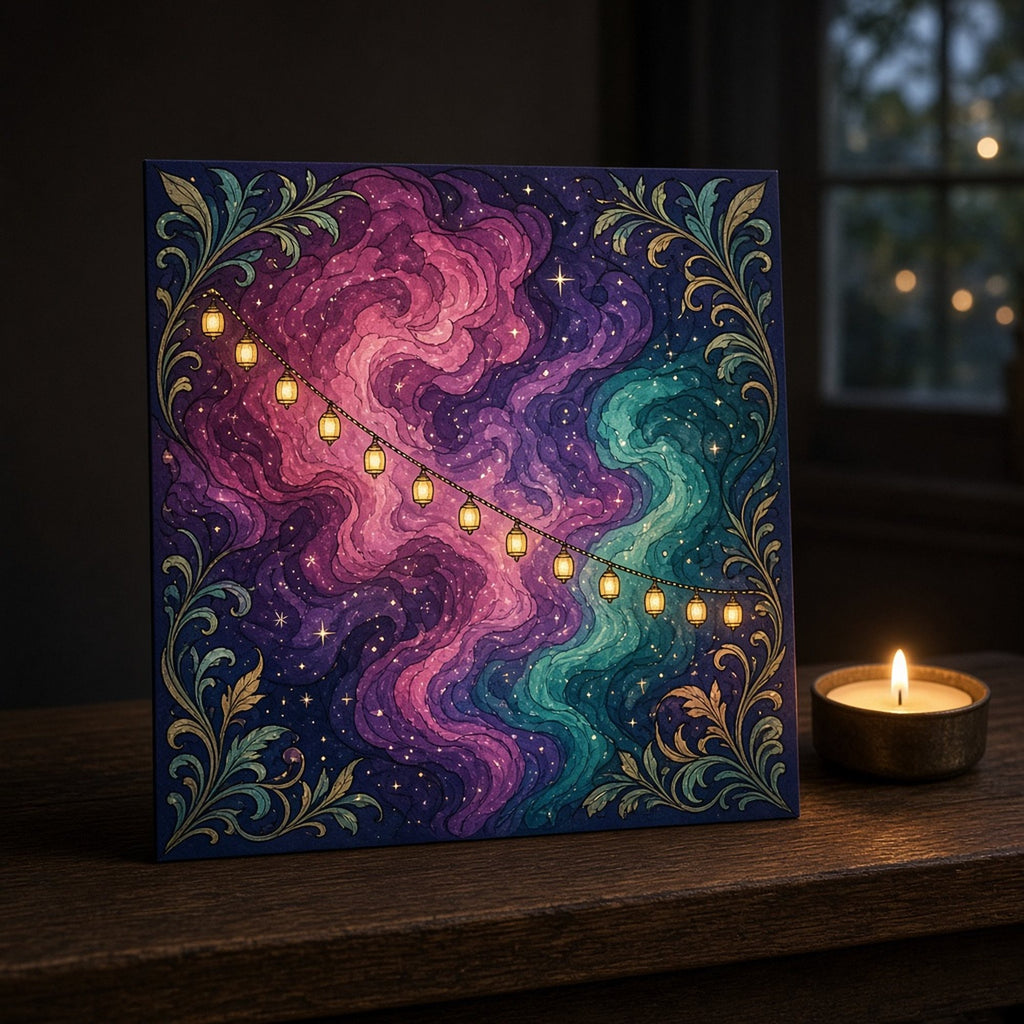 Arts and Crafts stained-glass magenta, violet and teal nebula clouds with a string of glowing lanterns and leafy corner tendrils printed flat on a greeting card, made with prompt #84