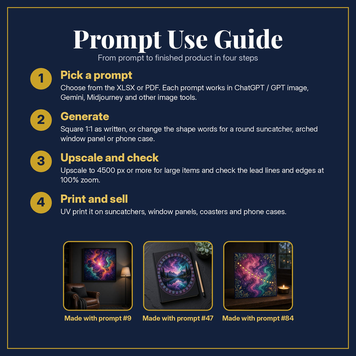 Prompt Use Guide for the Nebulae Stained Glass Prompt Pack: pick a prompt, generate, upscale and check, print and sell, with sample products made with the pack's prompts