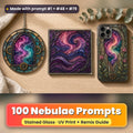Nebulae stained glass prompt pack: UV-printed suncatcher, coaster and phone case set mockup, made with prompt #1 + #48 + #79