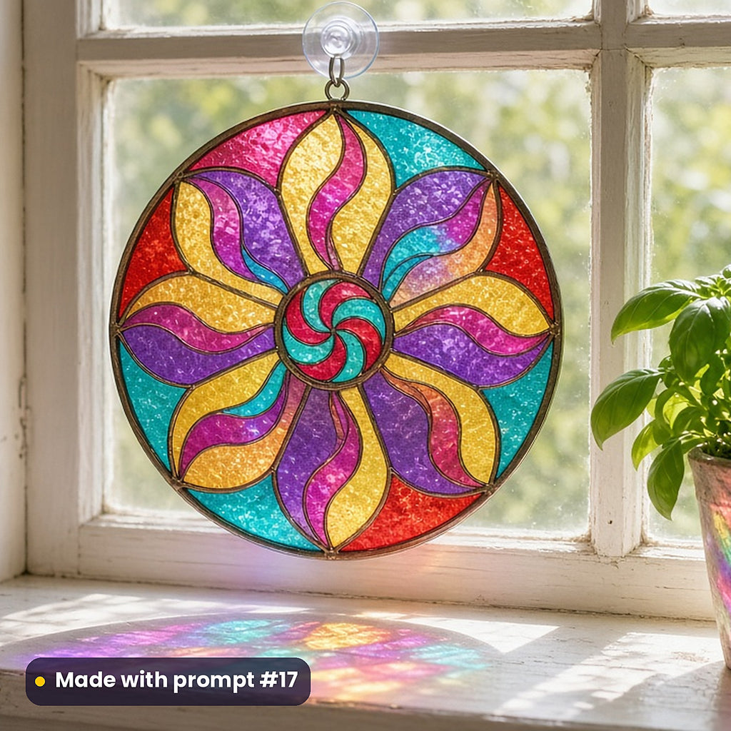 Nebulae stained glass prompt pack: UV-printed acrylic suncatcher in a window mockup, made with prompt #17