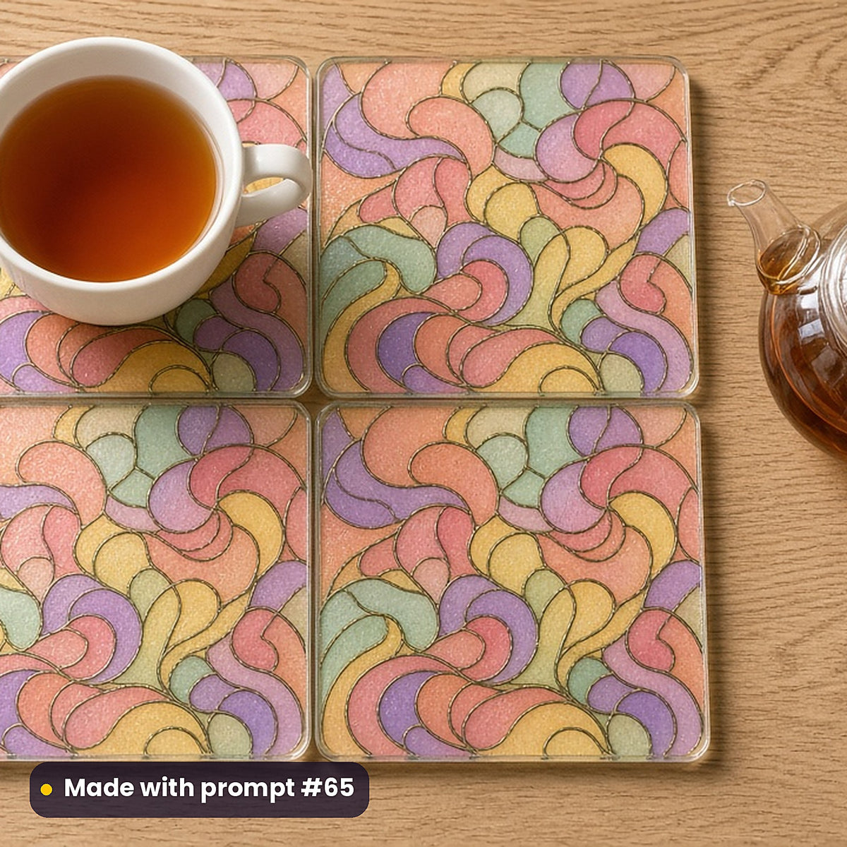 Nebulae stained glass prompt pack: set of UV-printed glass coasters mockup, made with prompt #65