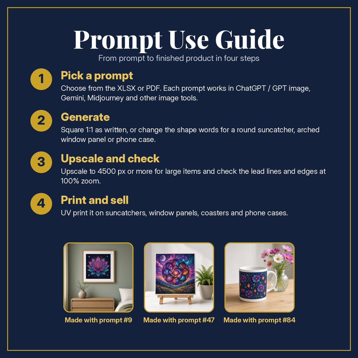 Prompt Use Guide for the Cosmic Flowers Stained Glass Prompt Pack: pick a prompt, generate, upscale and check, print and sell, with sample products made with the pack's prompts