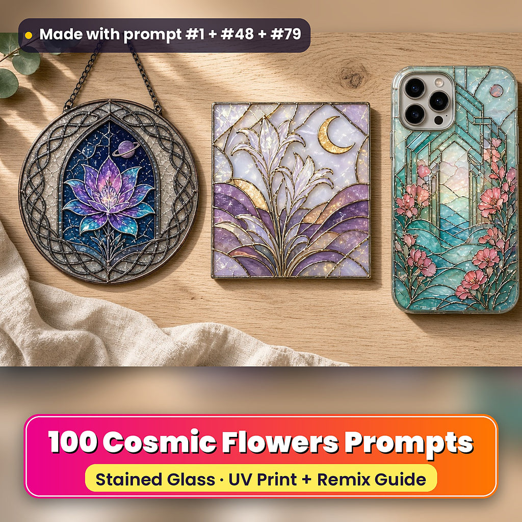 Cosmic Flowers stained glass prompt pack: UV-printed suncatcher, coaster and phone case set mockup, made with prompt #1 + #48 + #79
