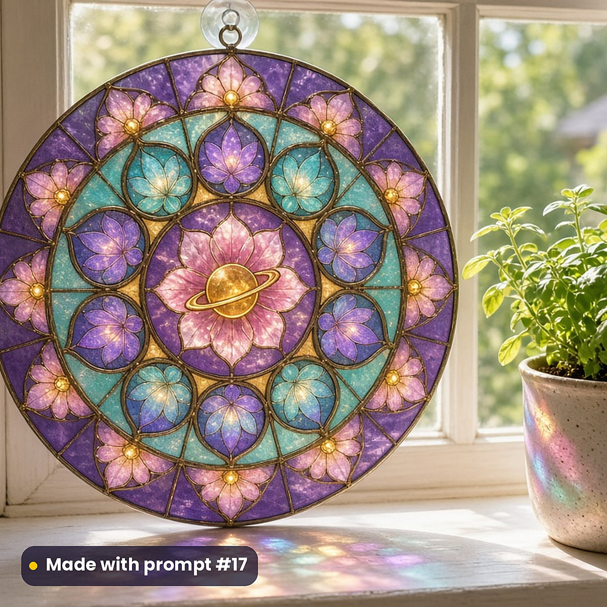 Cosmic Flowers stained glass prompt pack: UV-printed acrylic suncatcher in a window mockup, made with prompt #17