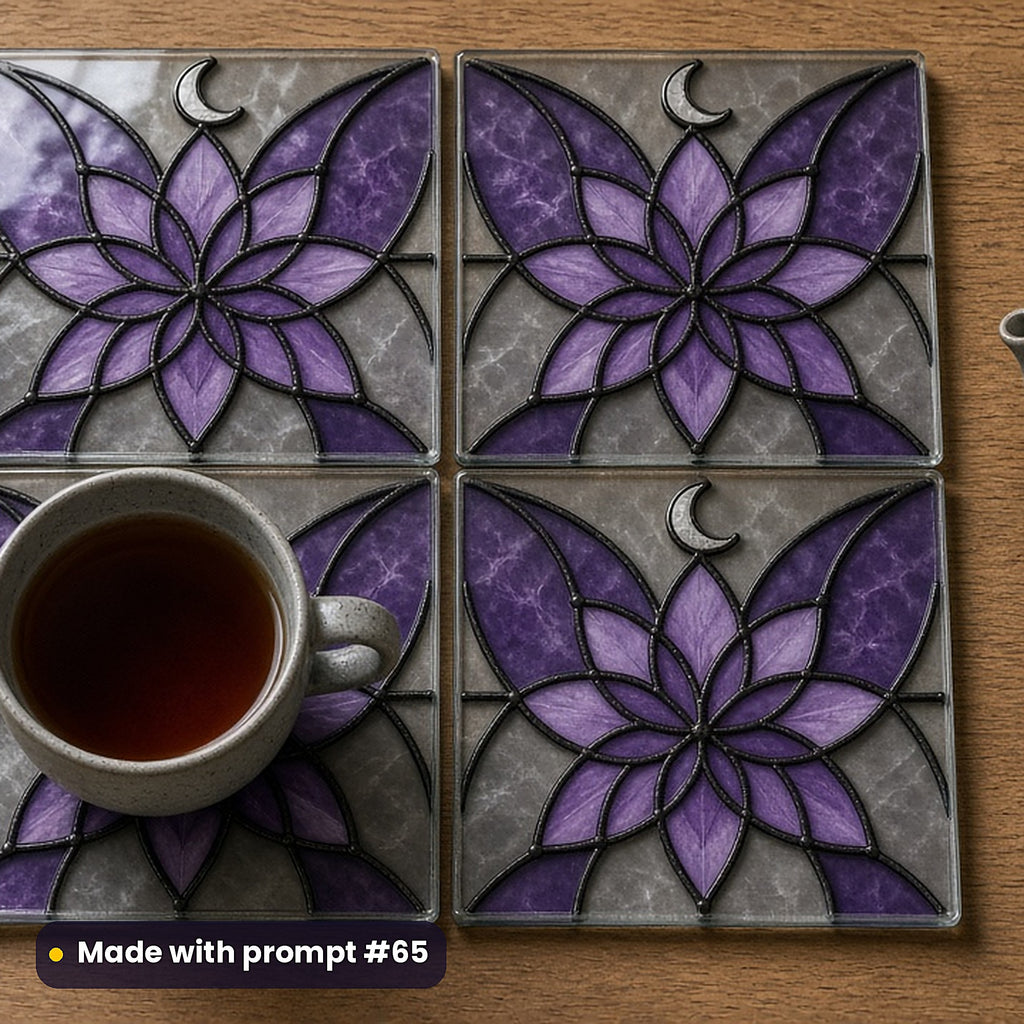 Cosmic Flowers stained glass prompt pack: set of UV-printed glass coasters mockup, made with prompt #65